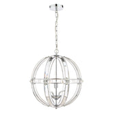 Laura Ashley Aidan ceiling light is a round globe with polished chrome metalwork and the frame is open with sections of curved glass interspaced constructing the globe shape, the globe has a belt of metalwork with the glass built within the frame around the  middle of the globe, The light is suspended on a chain from a flat ceiling rose, it comes in a three light or five light version with easy bulb change that you can access between the frame sections.
